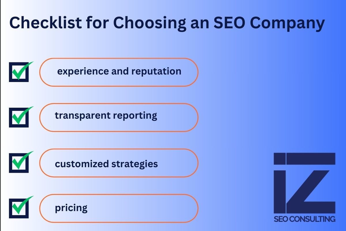 Checklist for choosing an SEO company showing how to find an SEO agency with key criteria: experience and reputation, transparent reporting, customized strategies, and pricing consideration