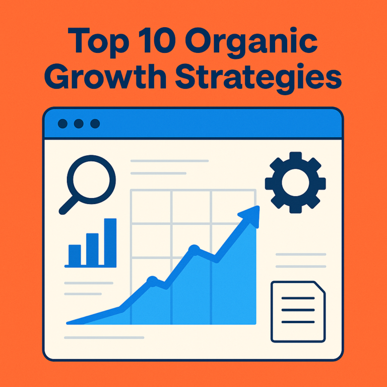 Illustration of a website dashboard with upward graph and SEO icons, titled 'Top 10 Organic Growth Strategies