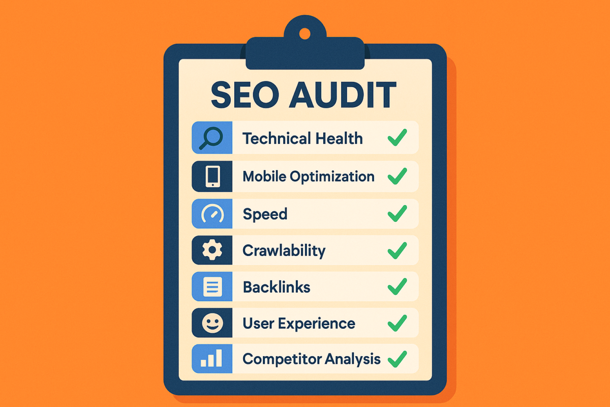  a clipboard titled 'SEO Audit' with checklist items for technical health, mobile optimization, speed, crawlability, backlinks, user experience, and competitor analysis.