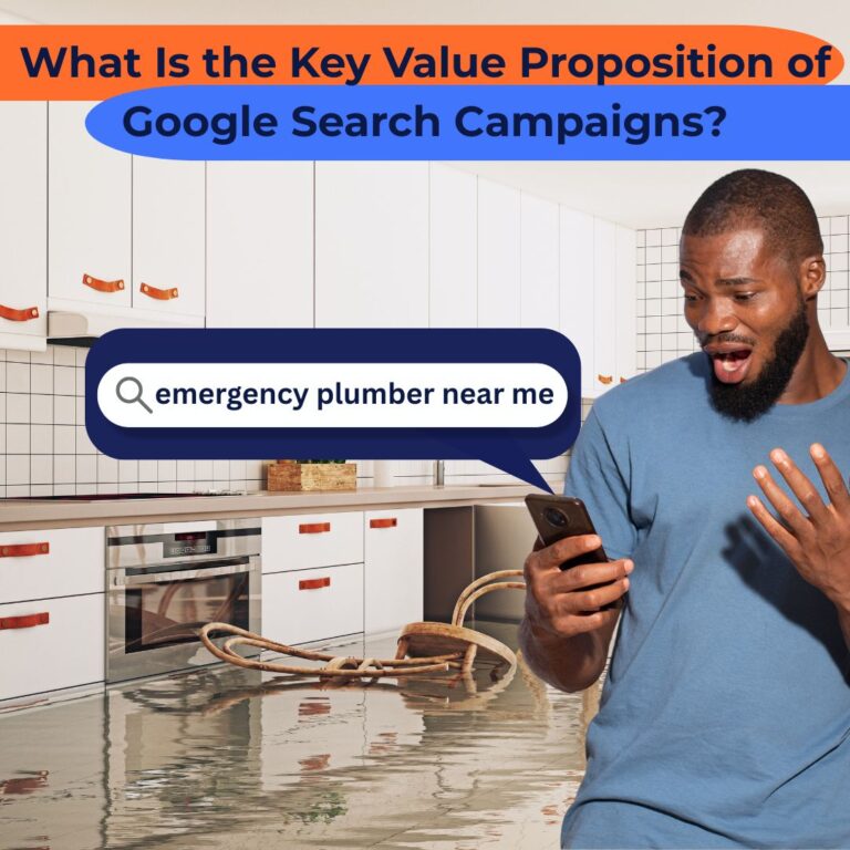 Man searching “emergency plumber near me” on phone in flooded kitchen, illustrating the key value proposition of Google Search campaigns—reaching customers at the exact moment of need.