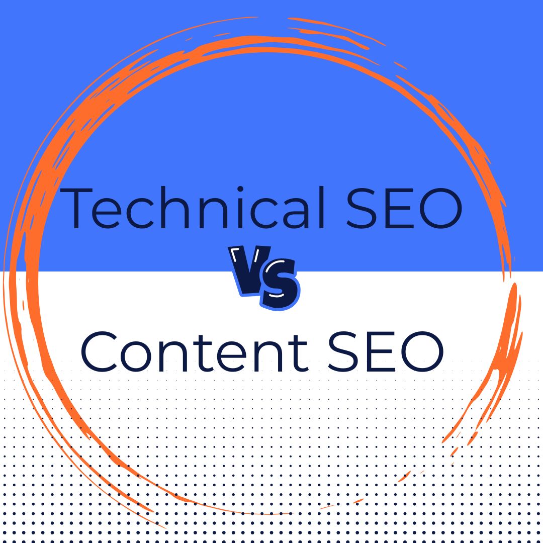 Technical SEO vs Content SEO comparison graphic with bold text and abstract orange circle