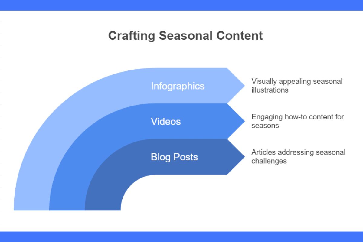 Graphic illustrating components of crafting seasonal content, including infographics for visuals, videos for engaging how-to content, and blog posts addressing seasonal challenges.