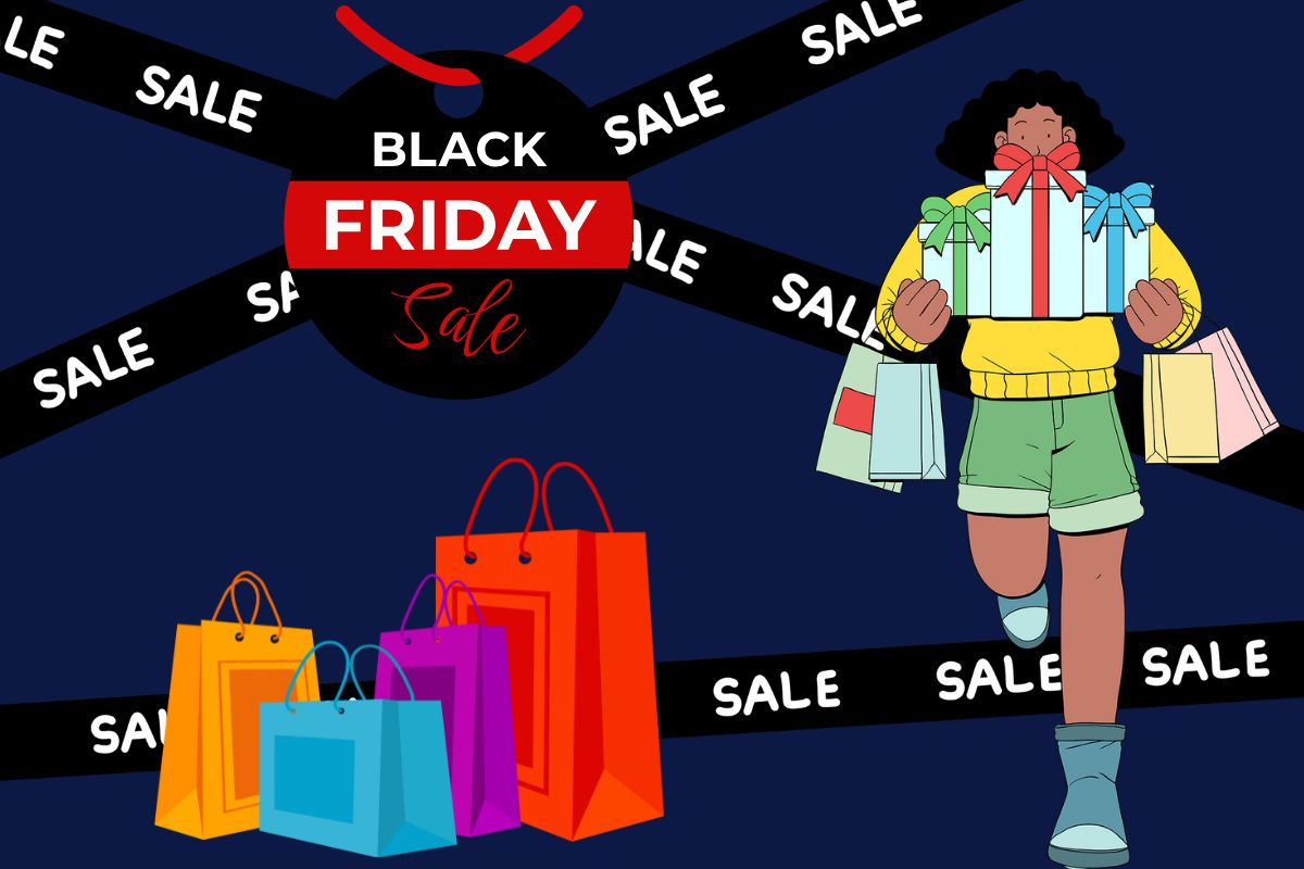 Illustration of a shopper carrying gift boxes and shopping bags with a Black Friday sale tag in the background, representing seasonal SEO opportunities during major shopping events.