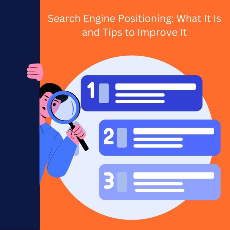 Illustration of search engine positioning with a person using a magnifying glass and numbered ranking results, highlighting tips to improve rankings.