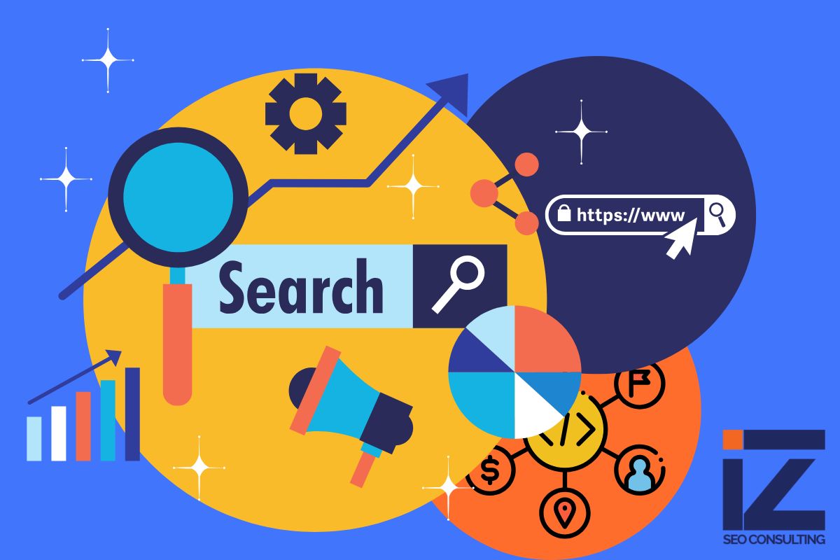 Illustration representing technical SEO concepts, including search optimization tools, secure website URLs, analytics, and infrastructure optimization, aligning with strategies for enhancing site performance and crawlability.