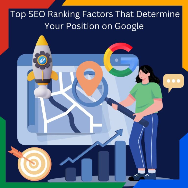 Illustration showing key elements of SEO, including a rocket labeled 'SEO', a Google logo, a location marker, and a graph indicating upward growth, representing the concept of top SEO ranking factors that determine your position on Google.