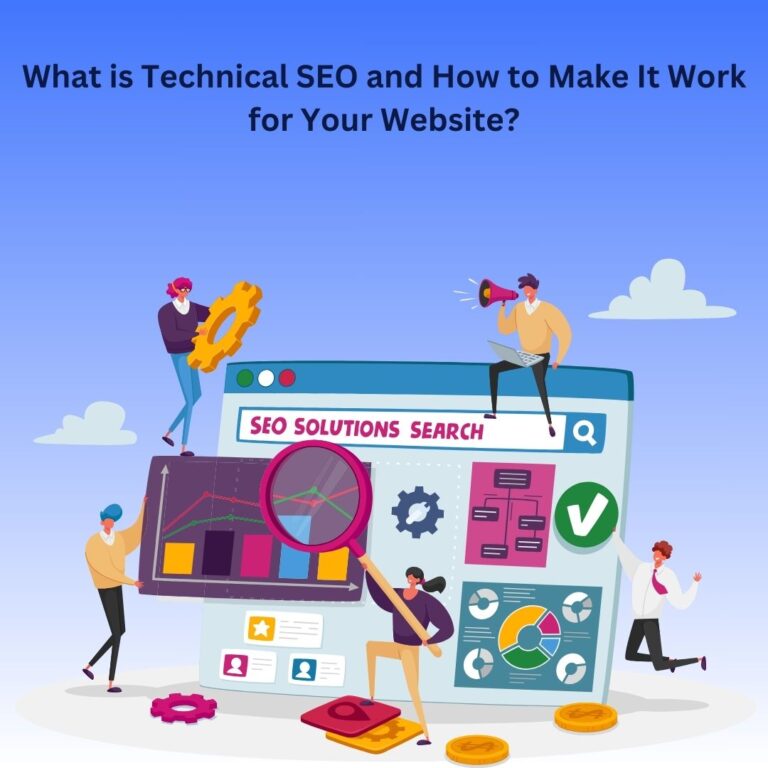 Illustration of individuals optimizing a website for technical SEO with graphs, gears, and search engine elements, symbolizing strategies to enhance site performance and visibility.
