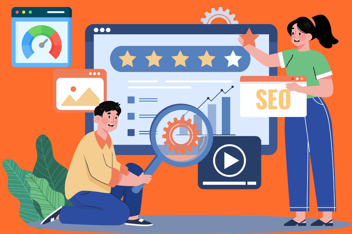Illustration depicting how Google rankings work, featuring a man analyzing data with a magnifying glass, a woman holding an SEO sign, and visuals of graphs, stars, and gears symbolizing the key components of Google’s ranking process.