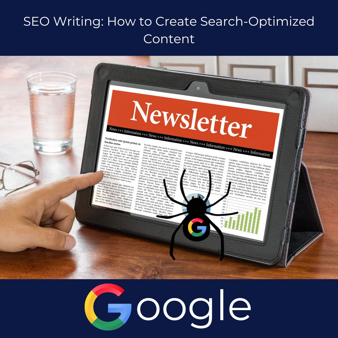 A person reading a digital newsletter on a tablet, with a Google spider icon representing web crawling for SEO content, symbolizing search-optimized content creation.