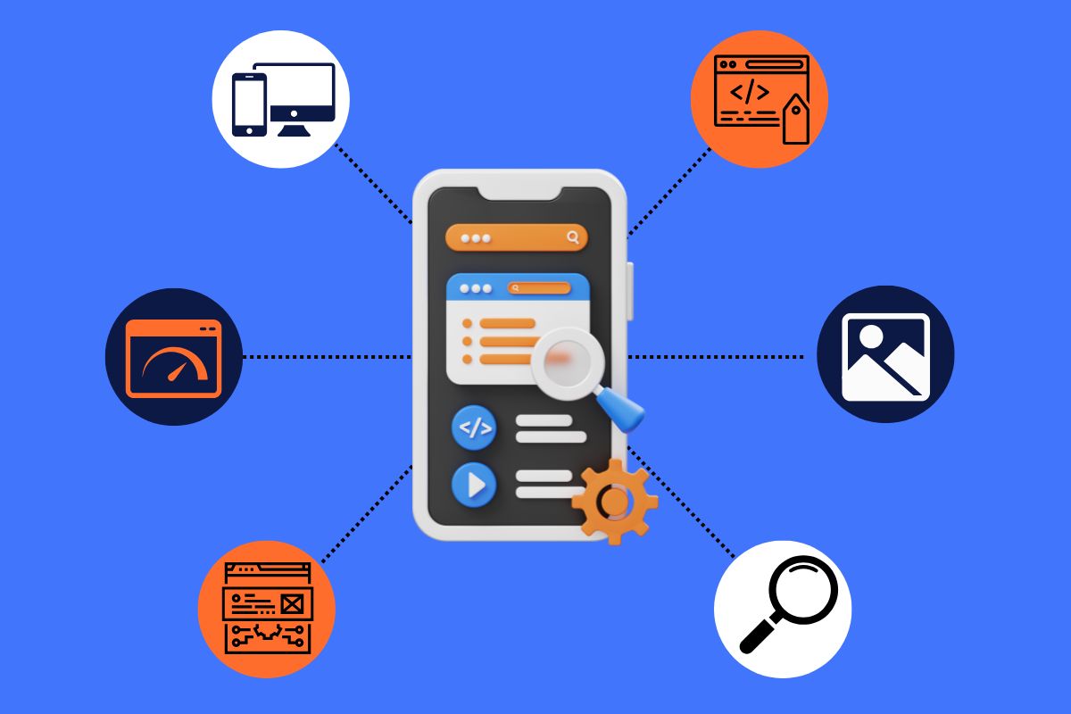 Illustration of mobile-first indexing with a smartphone at the center, surrounded by icons representing SEO, speed, responsive design, and optimization. This visual explains what is mobile-first indexing, how Google mobile index works, and why a website is mobile friendly is crucial for rankings. Learn how to prepare your site for mobile-first index and ensure a Google mobile friendly website for better search visibility.