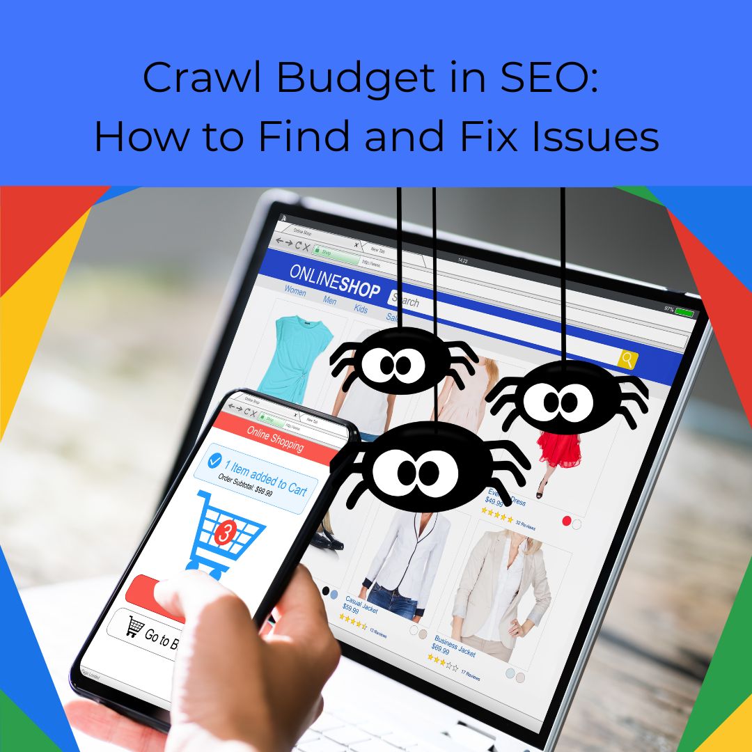 Illustration of crawl budget in SEO with spiders crawling an e-commerce website, symbolizing search engine bots indexing product pages.