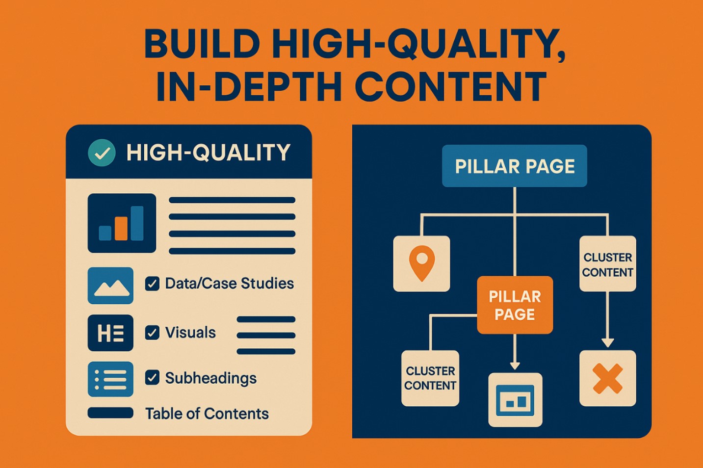 Two-part infographic showing content quality guidelines and a content cluster structure centered on a pillar page and related subtopics.