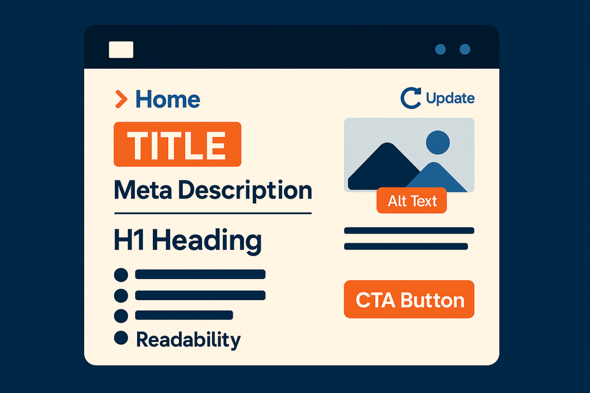 Illustration of an SEO-optimized webpage layout highlighting key on-page SEO elements such as title tag, meta description, H1 heading, image with alt text, CTA button, breadcrumb navigation, and bullet points for improved readability, reflecting best practices in on-page SEO, user experience, and content optimization, directly influencing organic growth of a website!