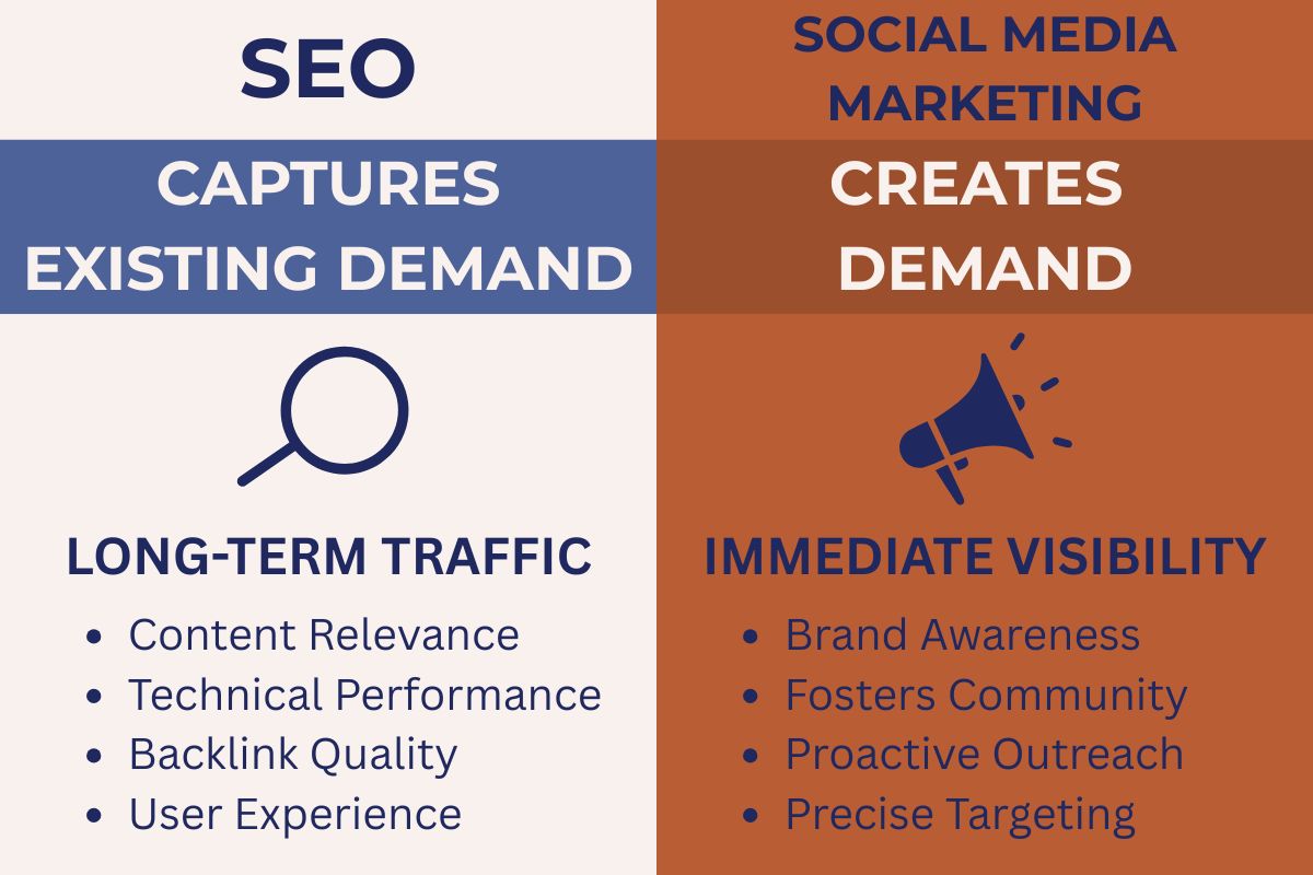 A comparison table analyzing SEO and social media marketing.