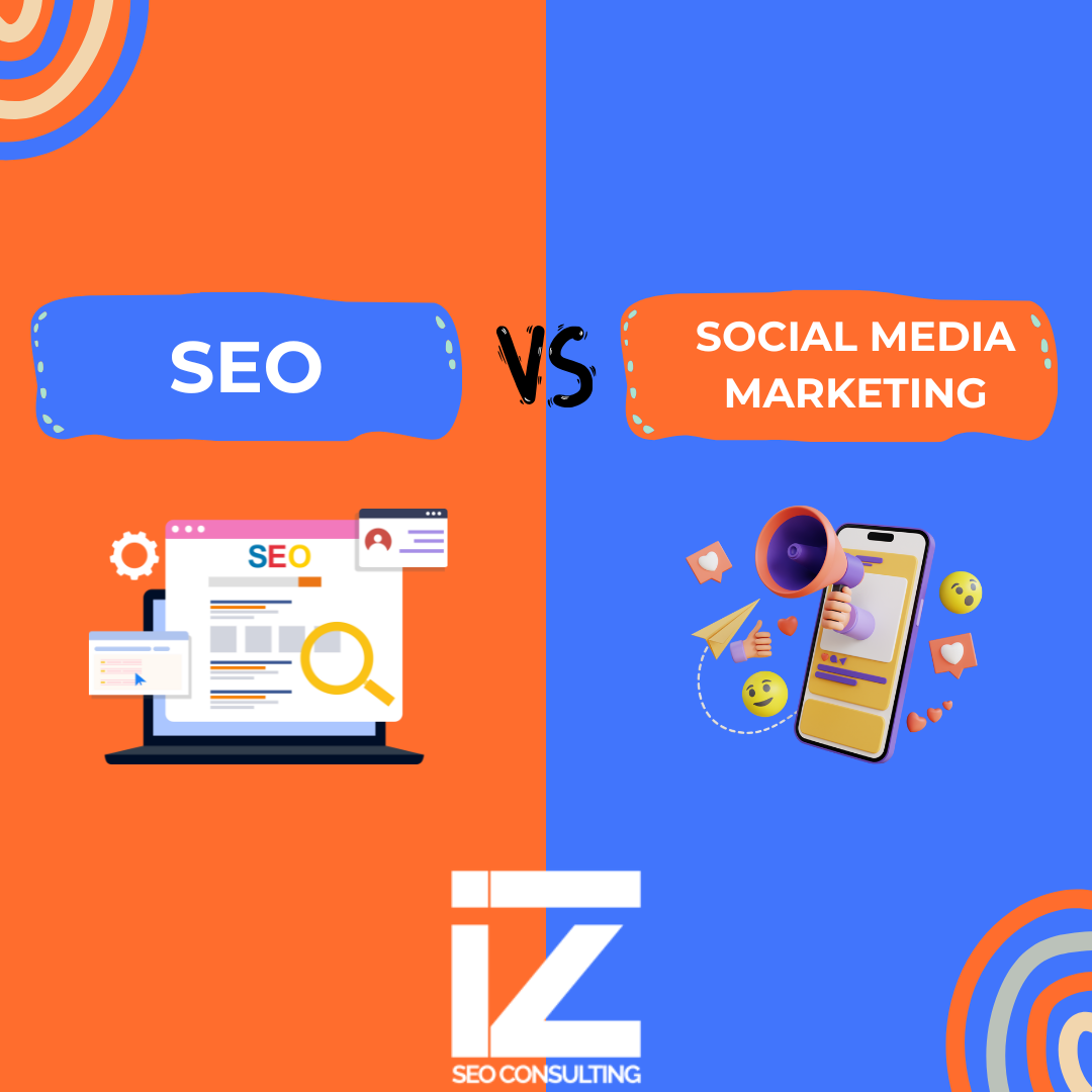 an image showcasing the comparison of SEO vs social media marketing.
