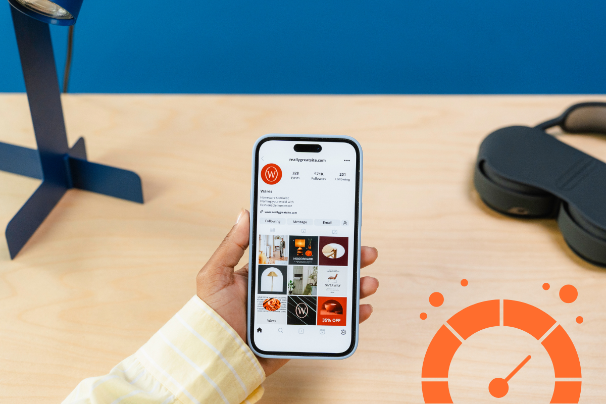 Hand holding a smartphone showing an Instagram business profile, with a speed icon representing how to improve page load speed on mobile and why page speed is important for SEO.

