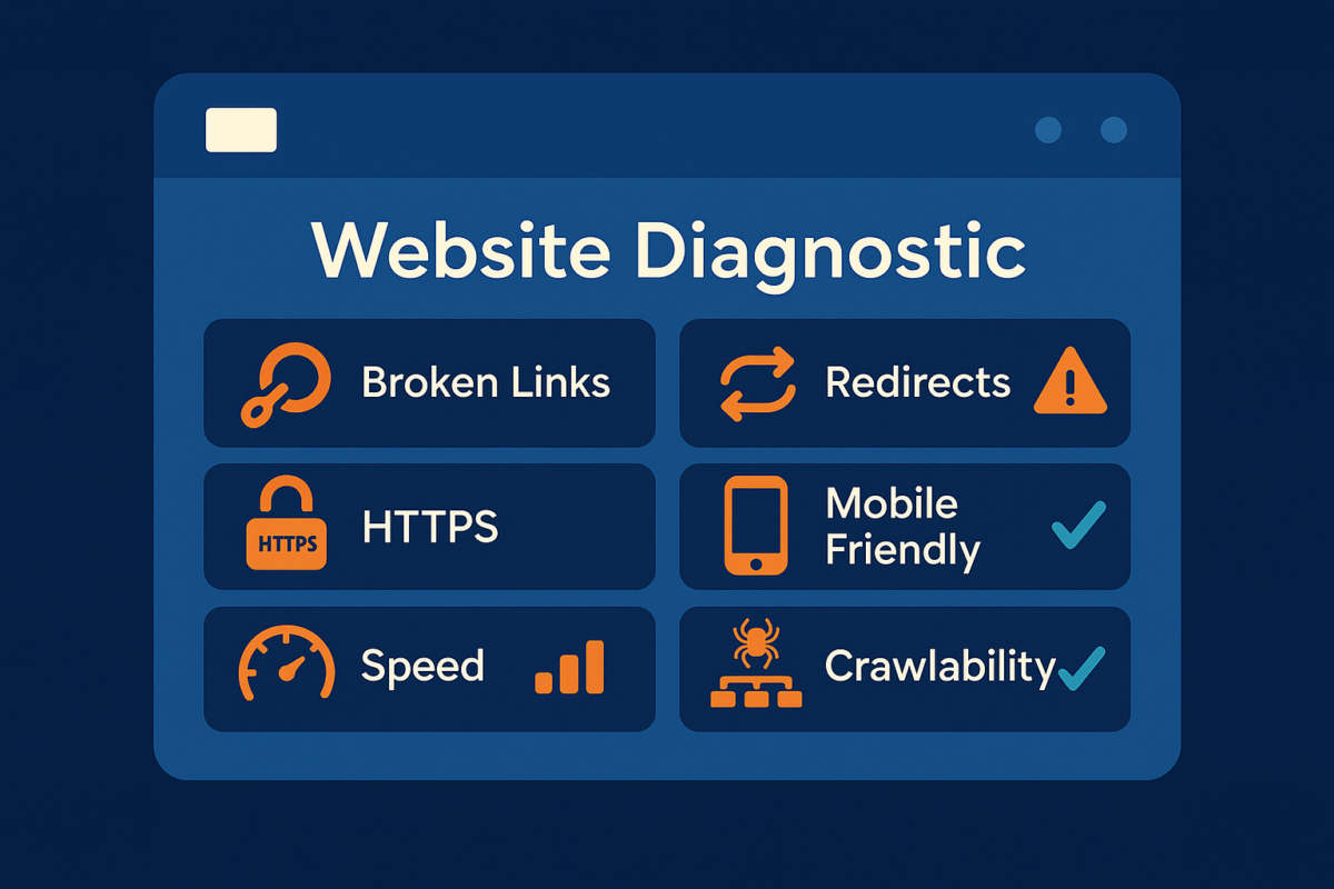 Flat-style digital illustration of a website diagnostic dashboard displaying SEO health metrics such as broken links, redirects, HTTPS implementation, mobile-friendliness, site speed, and crawlability,reflecting key elements from a comprehensive SEO audit.