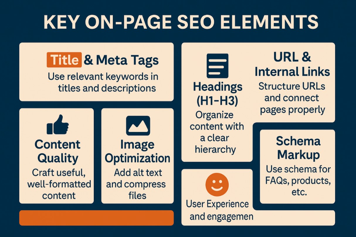 Infographic titled 'Key On-Page SEO Elements' showing core elements including title and meta tags, headings, URL and internal links, content quality, image optimization, schema markup, and user experience, each with icons and short descriptions to guide SEO best practices.