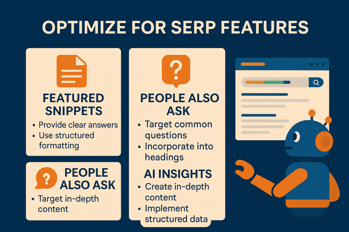 Infographic titled 'Optimize for SERP Features' showing three sections: Featured Snippets, People Also Ask (PAA), and AI Insights. Each section includes icons and concise tips such as using structured formatting, targeting common questions, and creating in-depth content with structured data, illustrated on a dark blue background with a robot next to a search result screen.