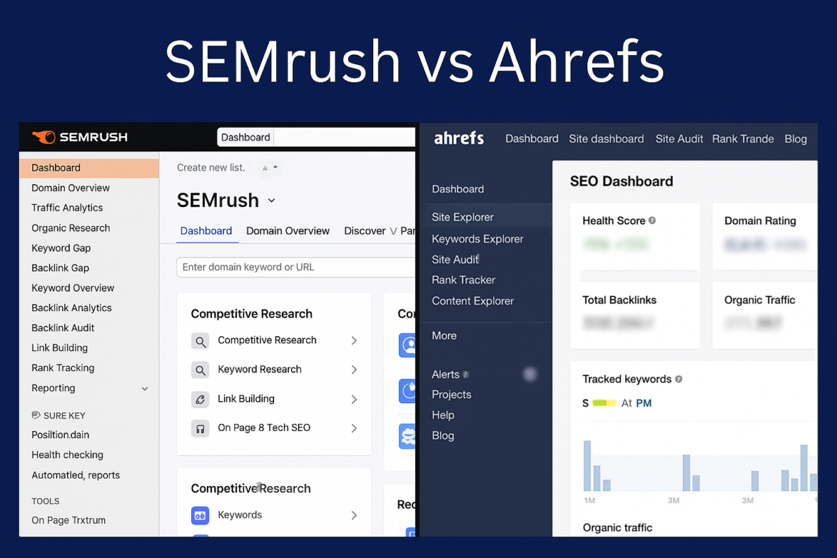 Side-by-side comparison of SEMrush and Ahrefs dashboards, showing key interface differences to help beginners choose the right SEO tool.