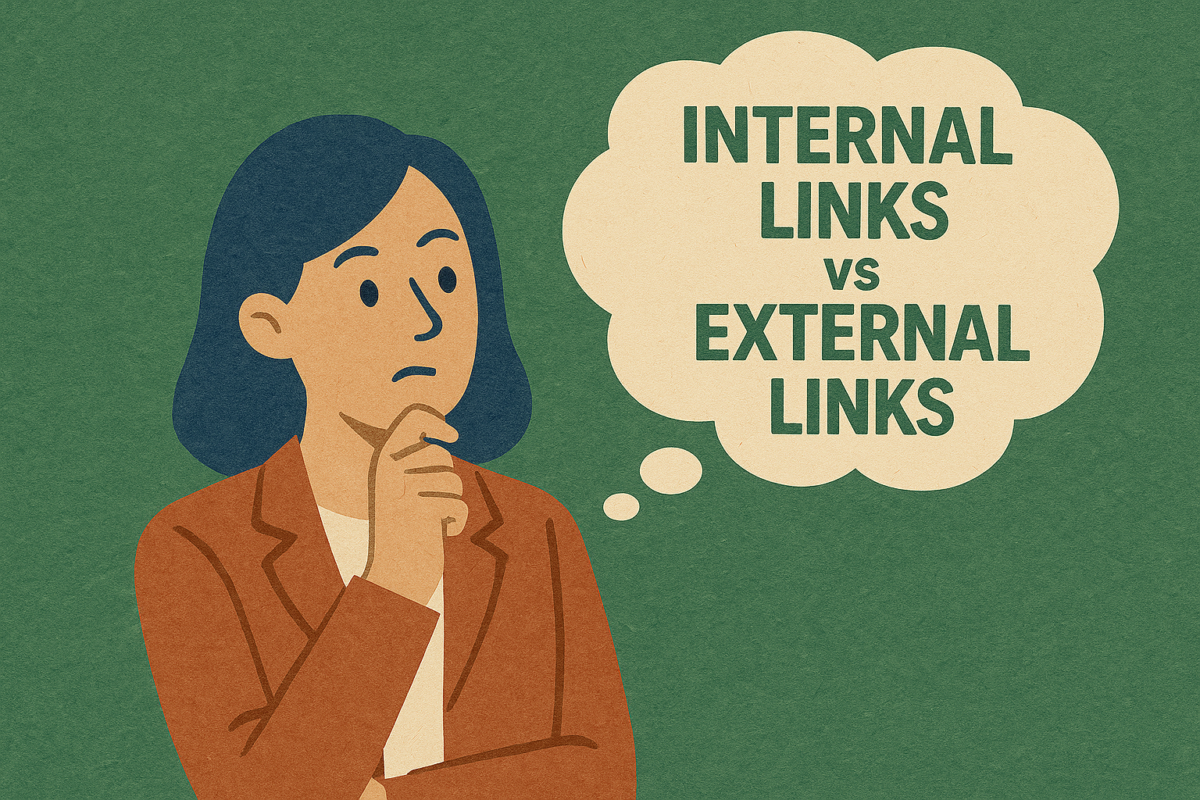 a businesswoman pondering about internal links vs external links