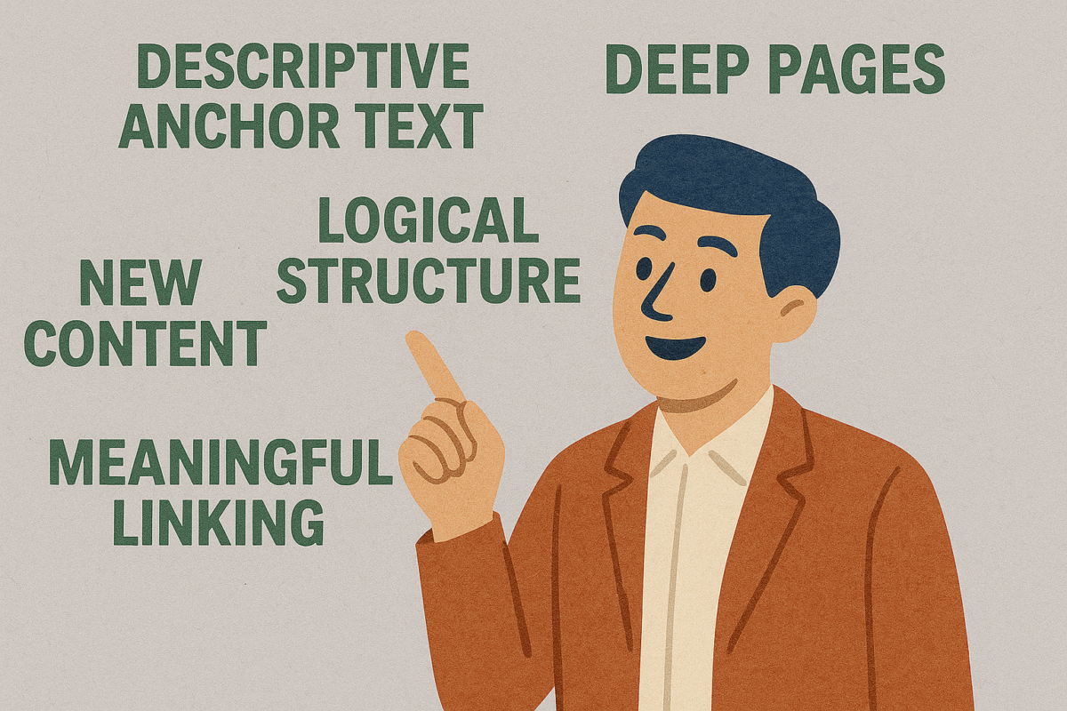 A corporate man pointing out the structure and elements of internal and external links in SEO