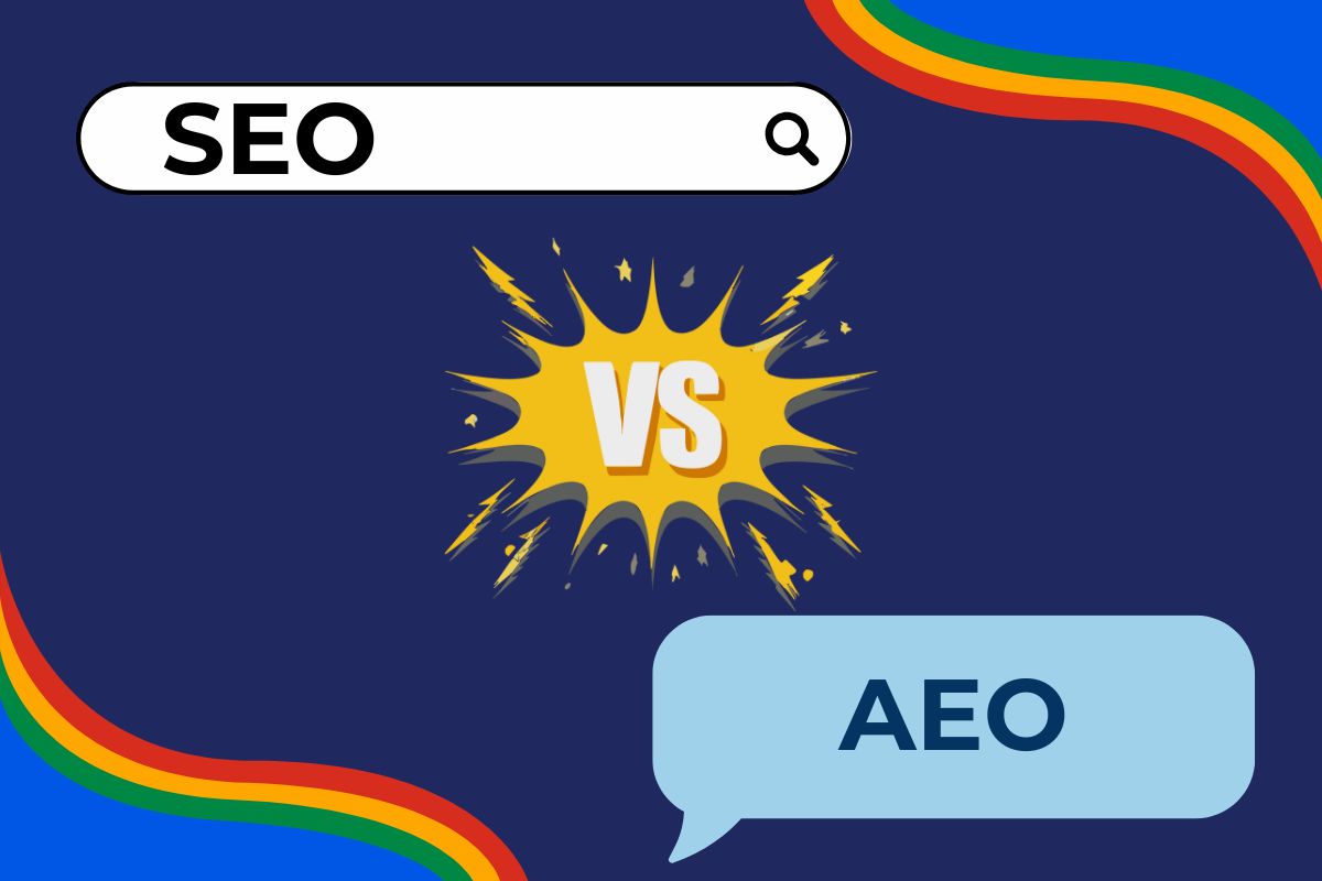 Illustration showing SEO versus AEO, with a search bar labeled 'SEO' on the left, a speech bubble labeled 'AEO' on the right, and a bold 'VS' graphic in the center, symbolizing the comparison between traditional SEO and Answer Engine Optimization.