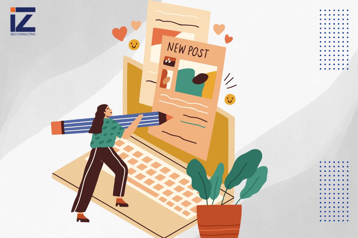 Woman on a PC writing a new article, paying attention to the most important on-page SEO elements.