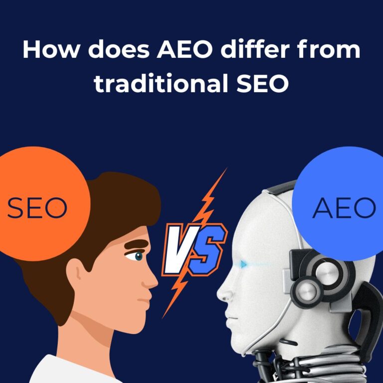 Illustration comparing traditional SEO and AEO, with a human labeled 'SEO' facing a robot labeled 'AEO' under the title 'How does AEO differ from traditional SEO', symbolizing the contrast between human-optimized and AI-optimized search strategies.