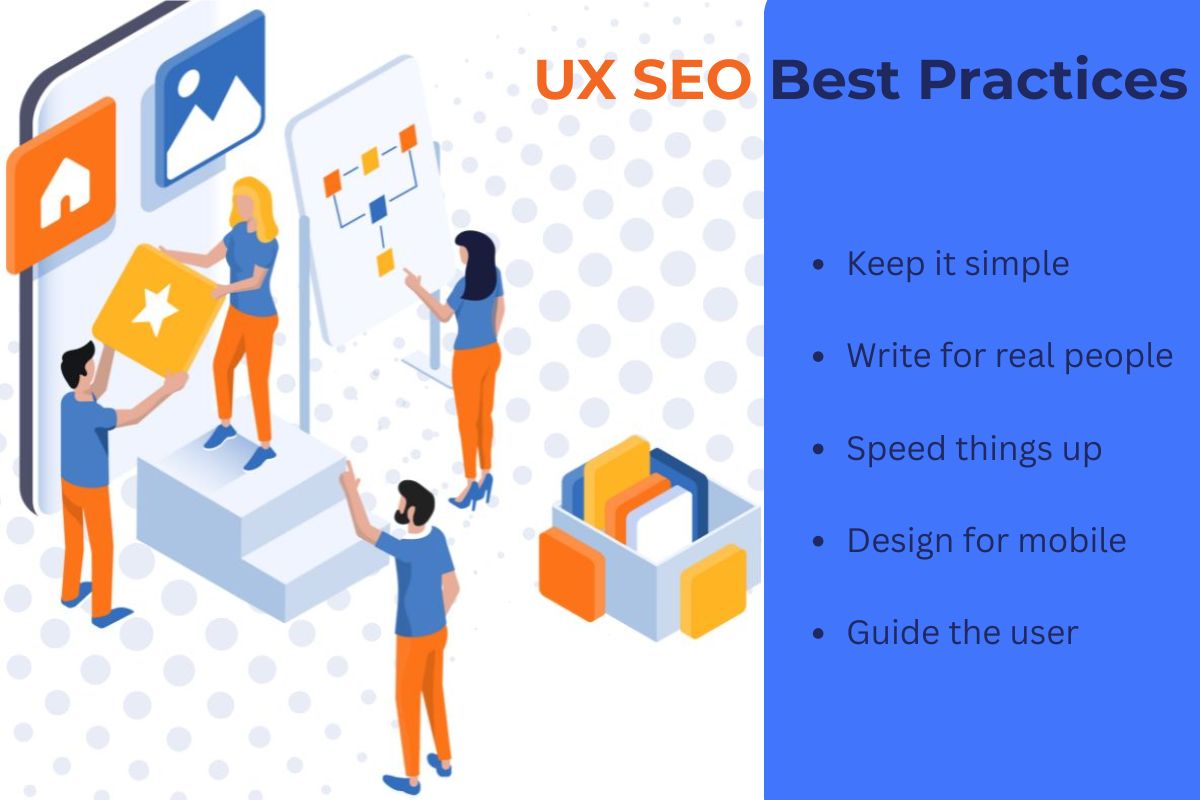 UX SEO best practices infographic showing five tips: keep it simple, write for real people, speed things up, design for mobile, and guide the user. Illustrated team working on digital interface.
