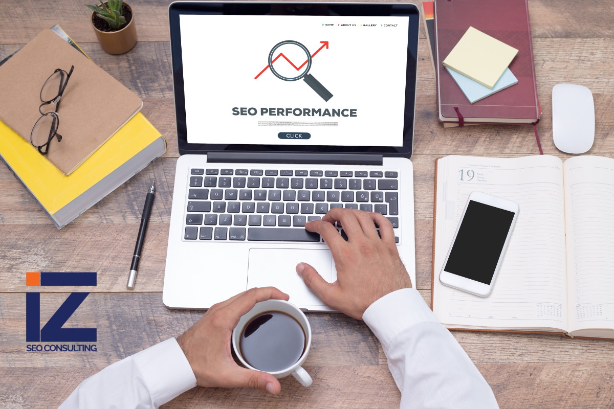 A man using a laptop, having SEO performance with a magnifying glass showed at the screen