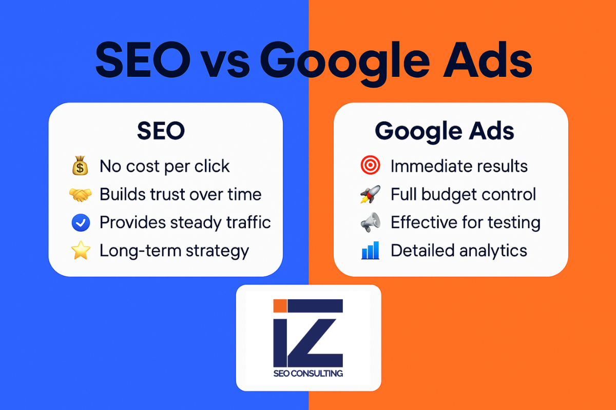 A visual showcasing differences between SEO and Google Ads