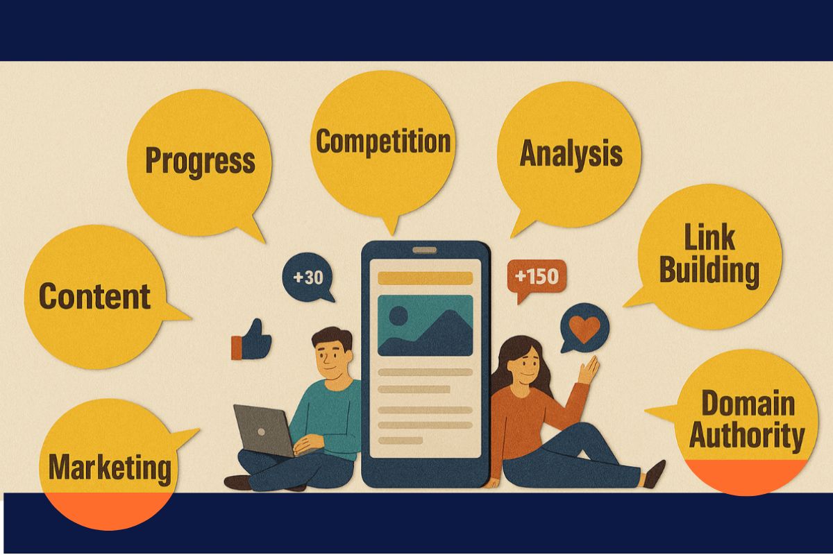 Two people leaning against a cellphone working on a Domain Authority improvement strategy