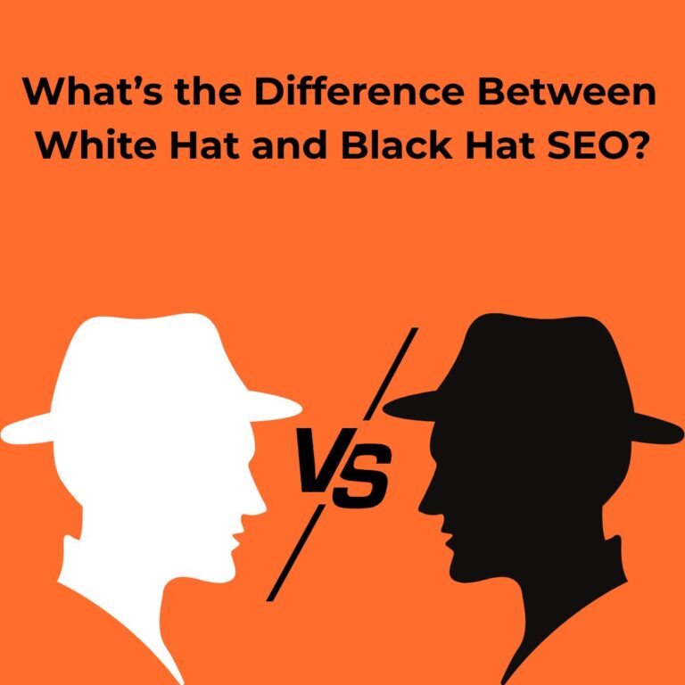 Illustration of white hat vs black hat SEO with two male profiles facing each other—one in white, one in black—against an orange background, with “VS” text in between.