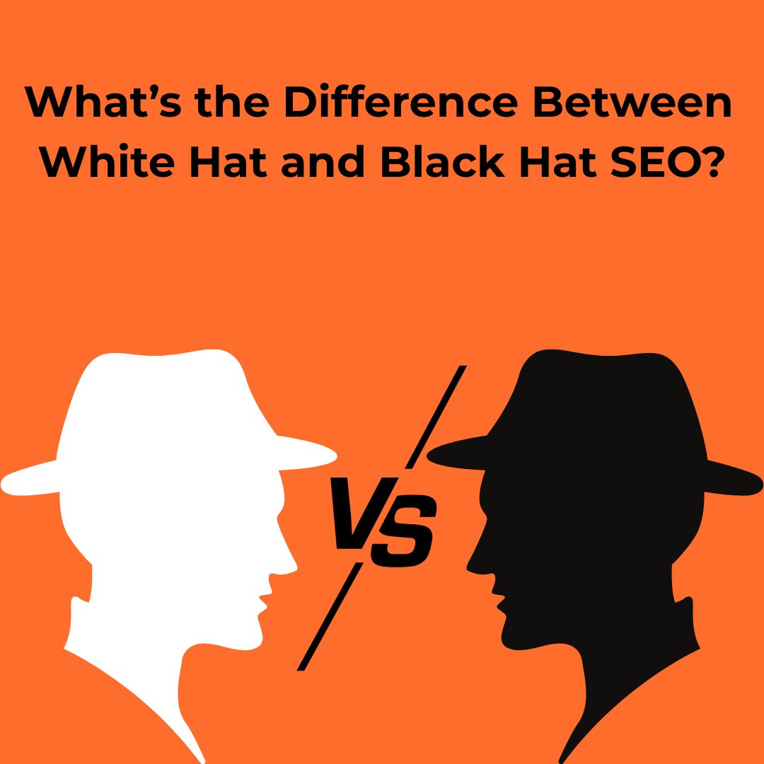 Illustration of white hat vs black hat SEO with two male profiles facing each other—one in white, one in black—against an orange background, with “VS” text in between.