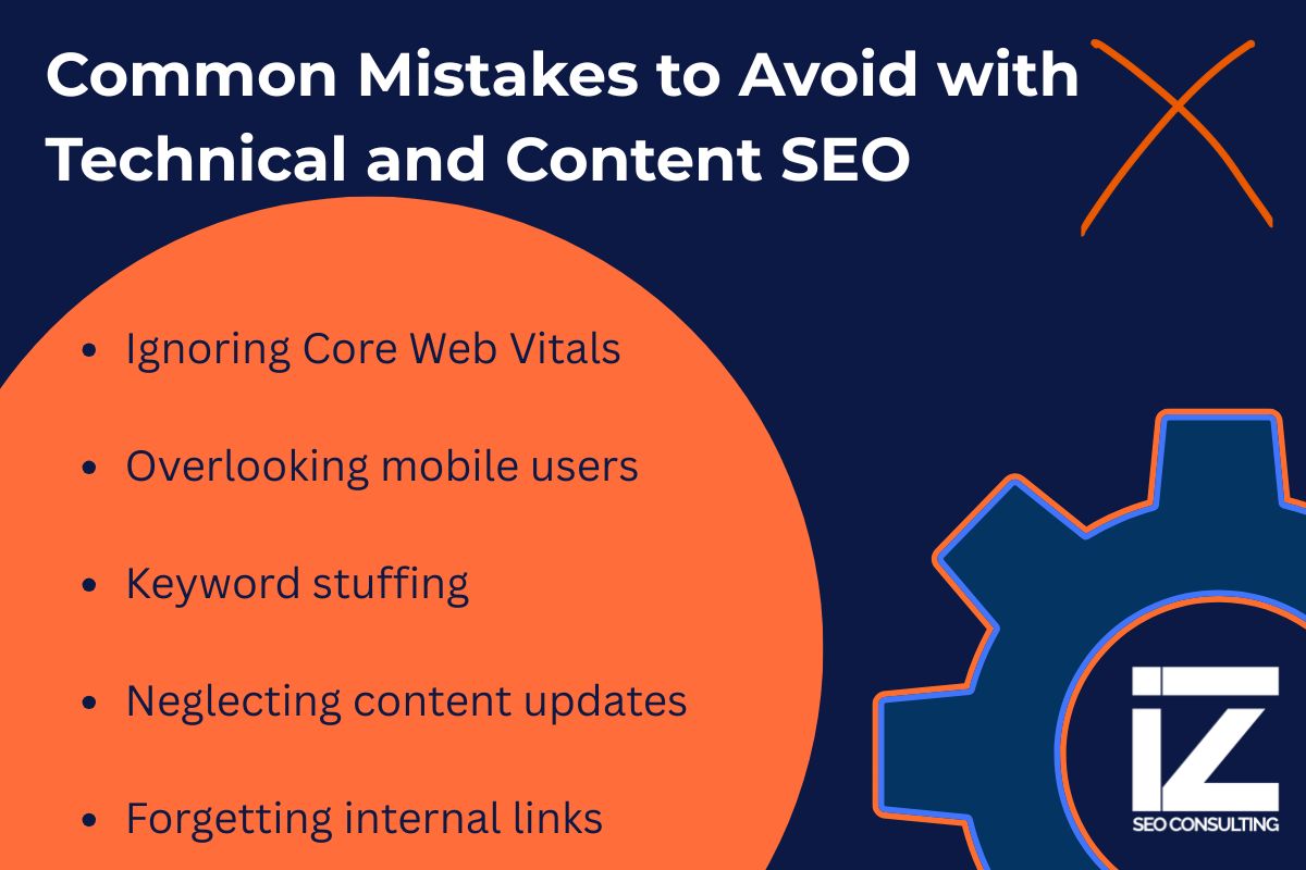 Common mistakes to avoid with technical SEO vs content SEO listed in infographic