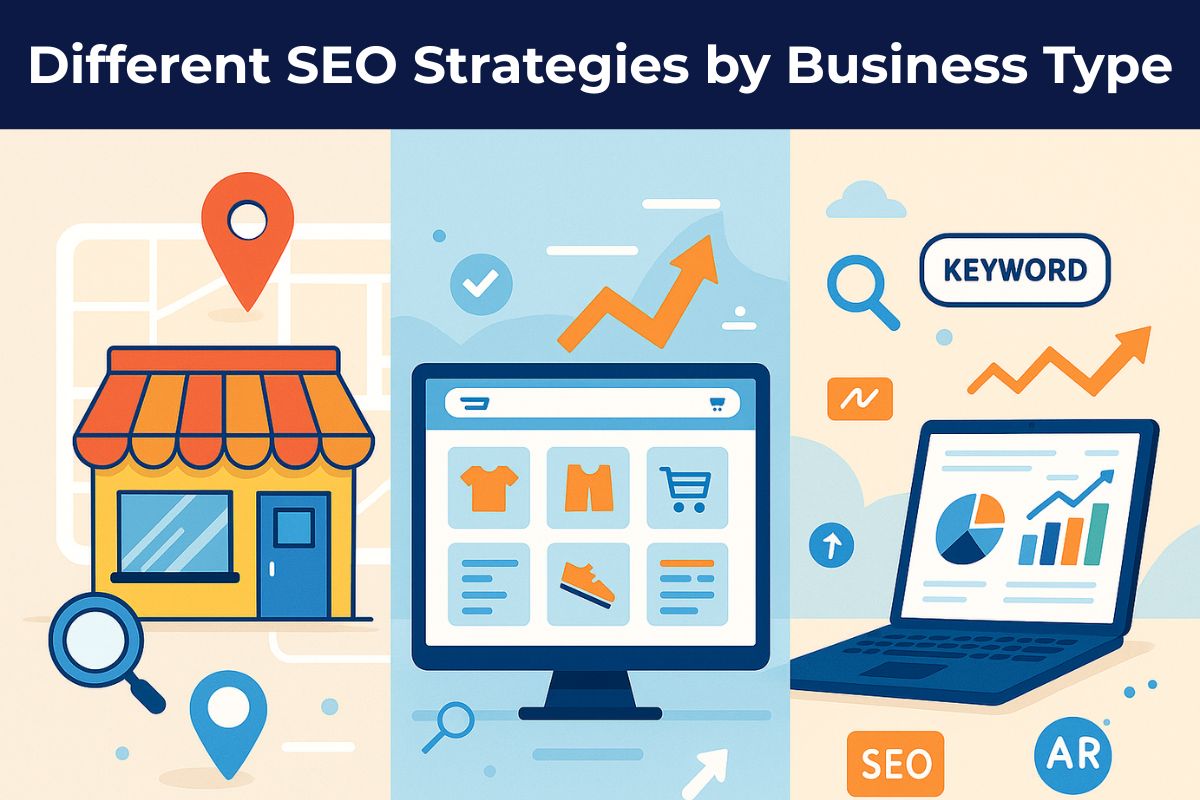 Illustration showing three business types side by side: a local storefront with a map pin, an e-commerce website with a shopping cart, and a SaaS dashboard with charts, surrounded by SEO icons like arrows and magnifying glasses