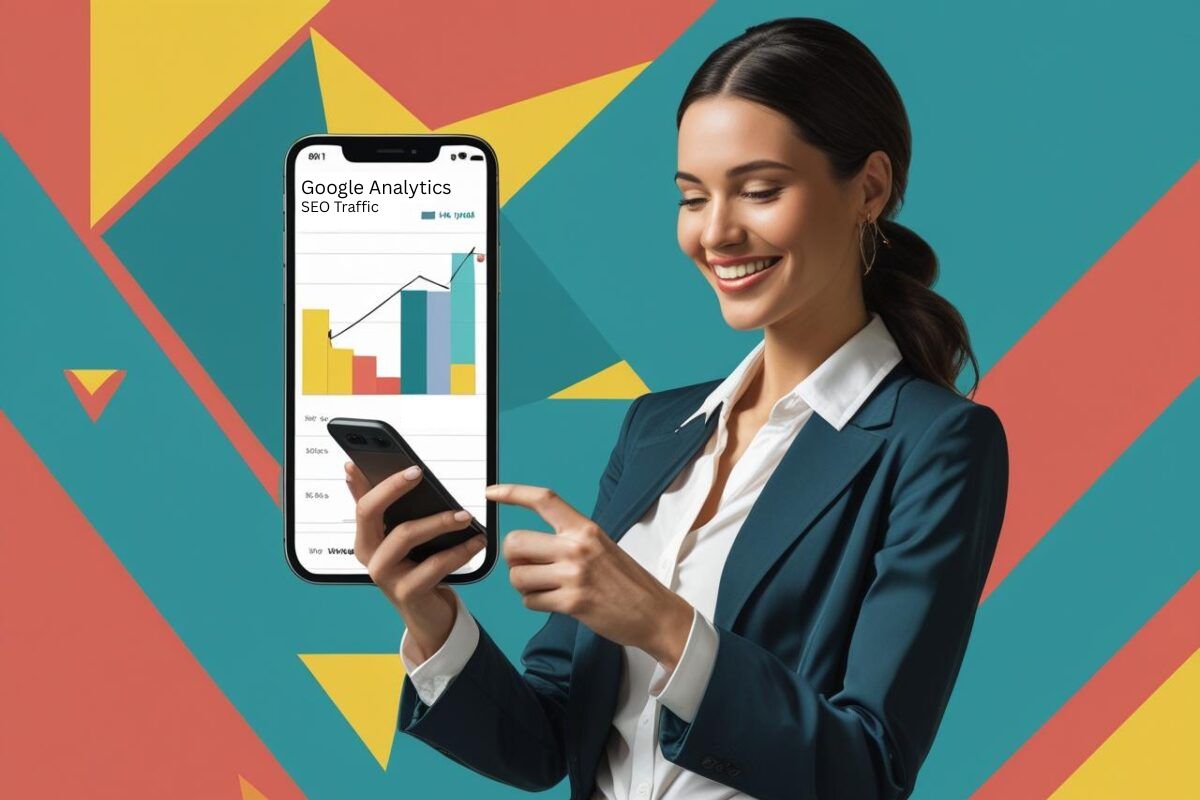 a corporate woman using her smartphone for Google Analytics