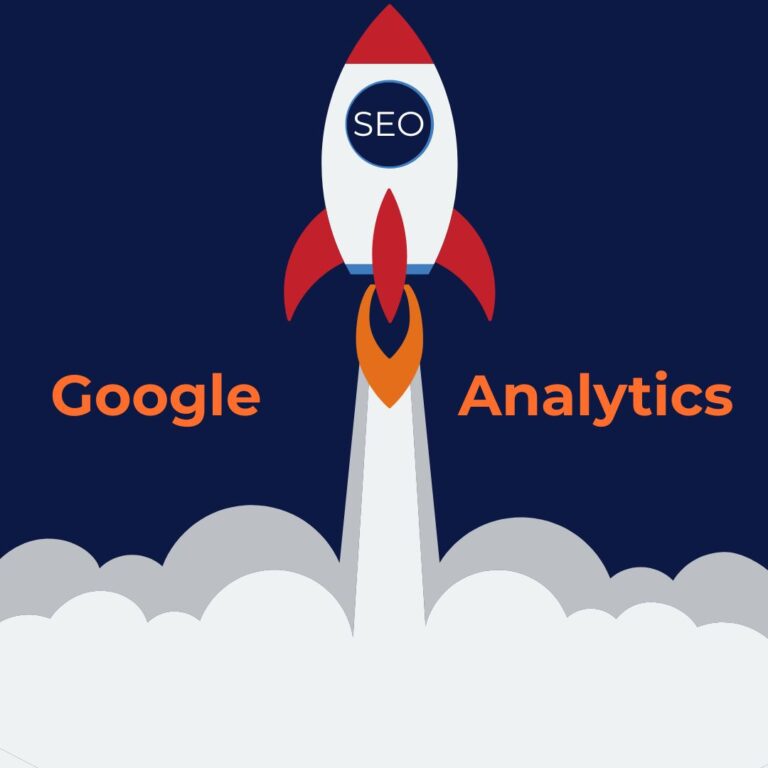 Rocket labeled SEO launching with Google Analytics text, symbolizing boosting SEO performance through data tracking