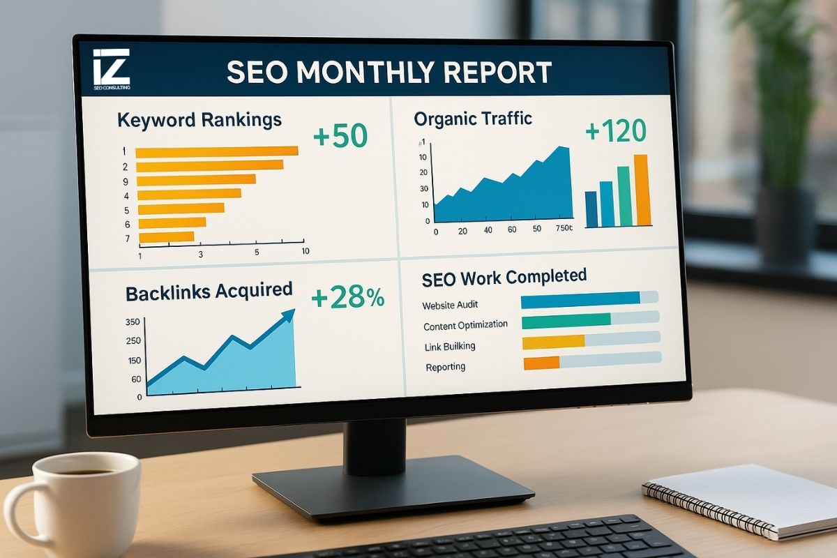 Computer monitor displaying an SEO monthly report with keyword rankings, organic traffic growth, backlinks acquired, and completed SEO tasks in a modern office setting