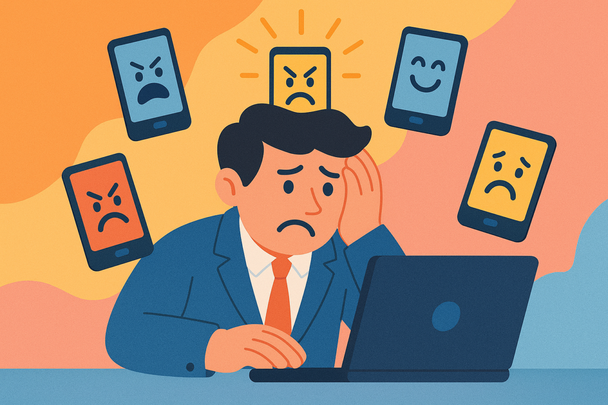 stressed out corporate man surrounded by cellphones trying to solve basic SEO mistakes