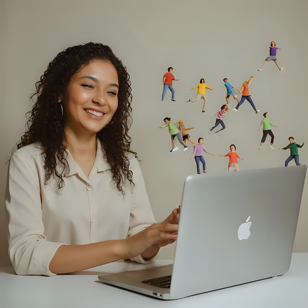 Smiling woman working on a laptop with illustrated people on the wall behind her – representing user engagement in the context of SEO bounce rate.