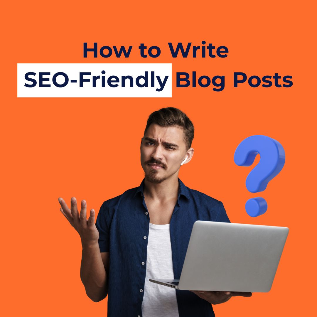 Confused man holding a laptop with a large question mark, representing uncertainty about how to write SEO-friendly blog posts.