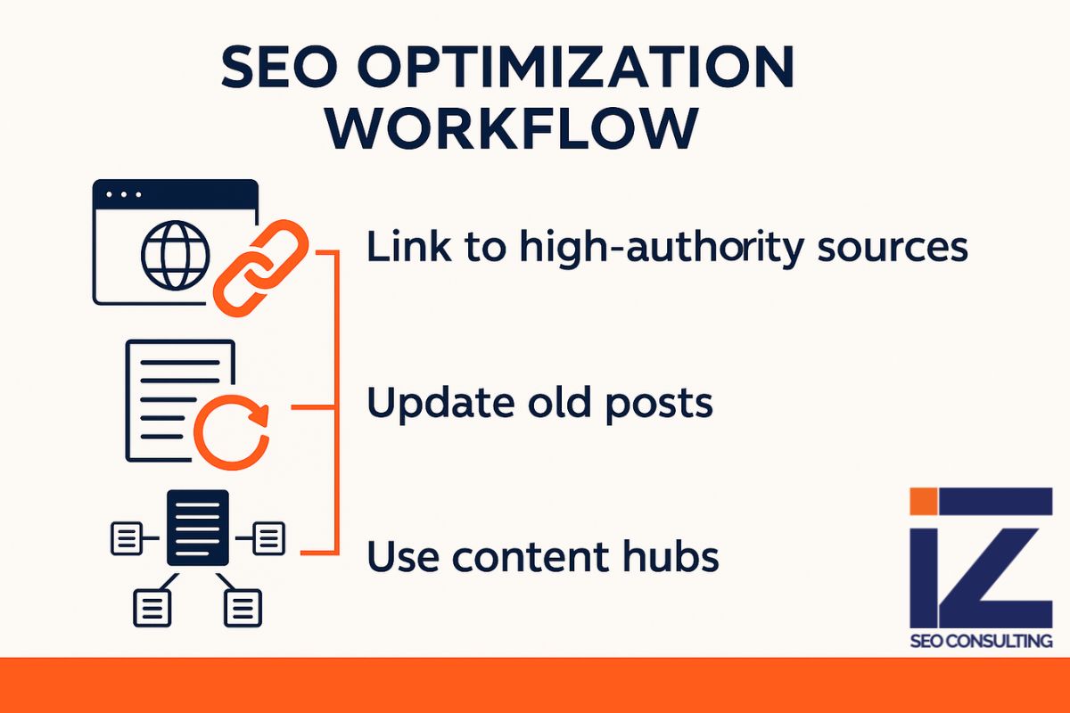 Infographic titled “SEO Optimization Workflow” showing three steps: link to high-authority sources, update old posts, and use content hubs, with icons and the IZ SEO Consulting logo.