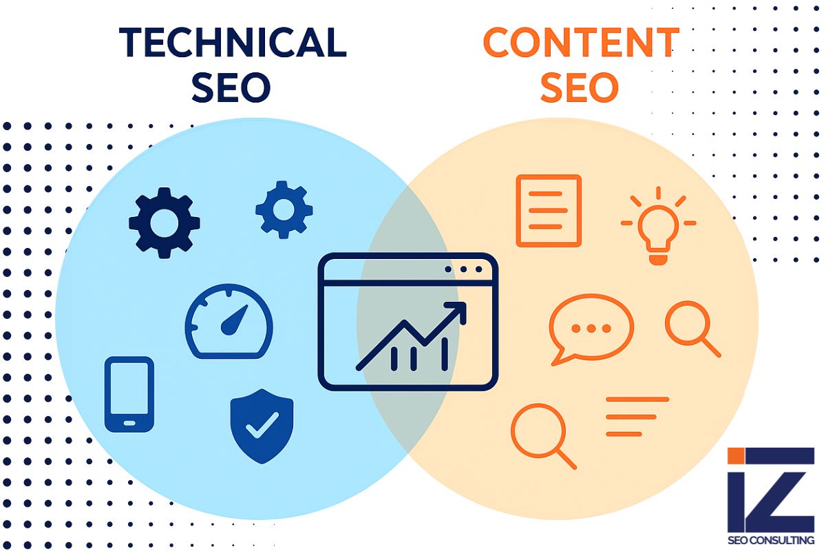 Venn diagram comparing technical SEO vs content SEO with icons showing site speed, security, mobile for technical SEO and content, ideas, search for content SEO