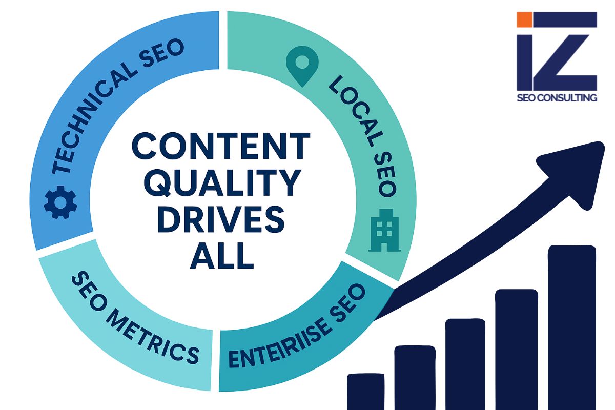 Circular flowchart showing Technical SEO, Local SEO, Enterprise SEO, and SEO Metrics around the center text 'Content Quality Drives All' with a growth chart, illustrating key SEO KPIs and most important SEO metrics.