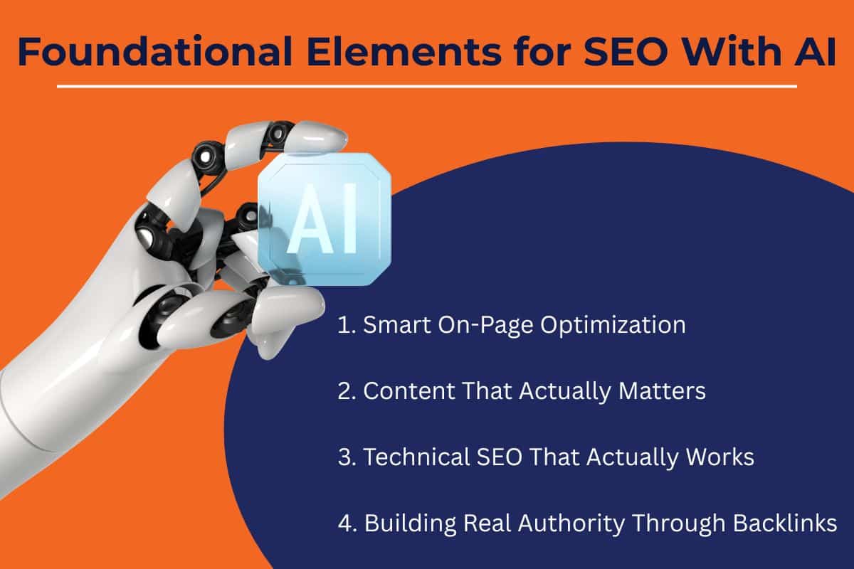 Robot hand holding AI icon with text showing foundational elements for SEO with AI including smart on-page optimization, content quality, technical SEO, and backlinks—how to use AI for on-page SEO and how to SEO with AI effectively.