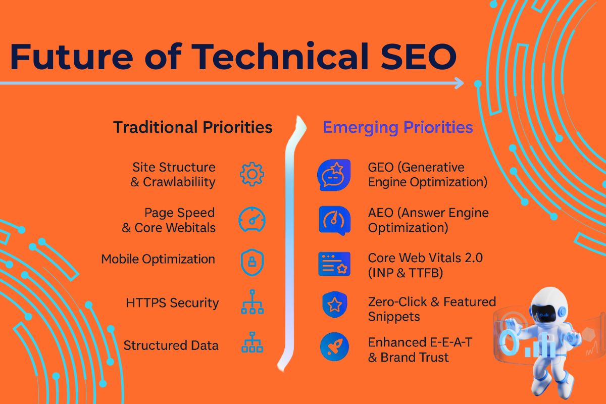 Future of technical SEO infographic comparing traditional priorities like site structure, page speed, mobile optimization and HTTPS security with emerging priorities such as GEO, AEO, Core Web Vitals 2.0, zero-click strategies, and enhanced E-E-A-T for technical optimization