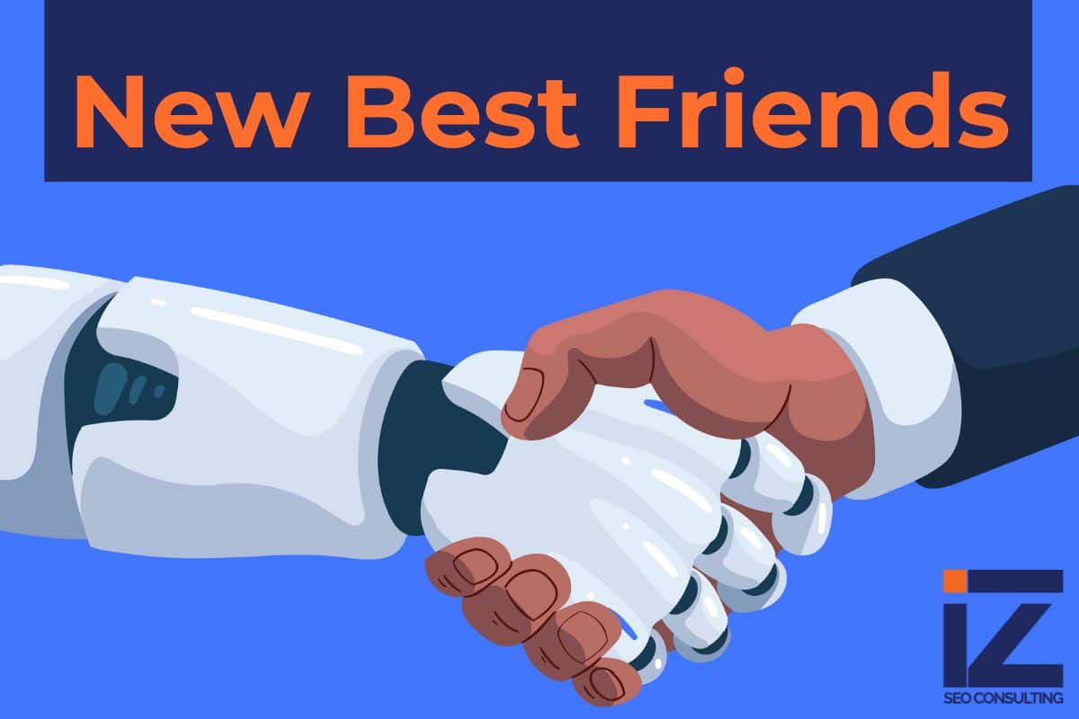 Illustration of a human and robot handshake symbolizing partnership—can AI help with SEO and can AI do SEO alongside human experts.