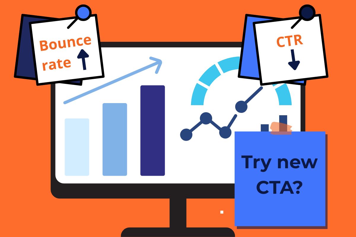 Illustration of a computer monitor displaying website analytics charts with sticky notes reading 'Bounce Rate ↑', 'CTR ↓', and 'Try new CTA?' on an orange background